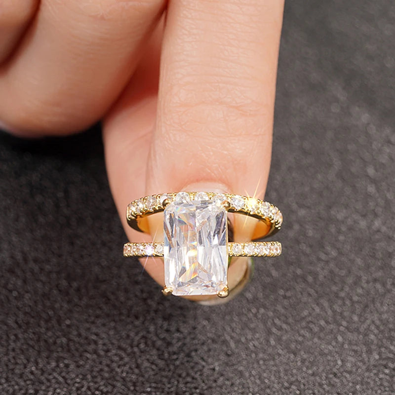 Huitan Rectangular Cubic Zirconia Set Rings for Women Bridal Wedding Accessories Luxury Trendy Engagement Band Jewelry Wholesale